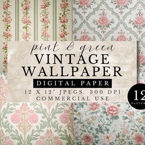 May include: Twelve digital paper patterns featuring vintage wallpaper designs in pink and green with floral motifs. The patterns are 12 inches by 12 inches and 300 DPI.  Commercial use is allowed.