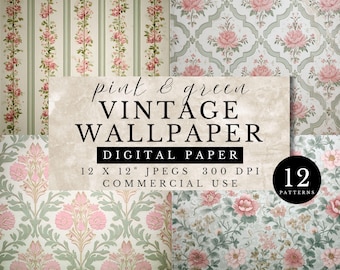 May include: Twelve digital paper patterns featuring vintage wallpaper designs in pink and green with floral motifs. The patterns are 12 inches by 12 inches and 300 DPI.  Commercial use is allowed.