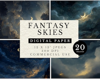 Celestial Night Sky Digital Paper, Fantasy Mond Wolken (12x12"JPEG)"