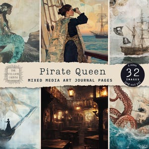 Reine des pirates | Pages de journal numérique, éphémères nautiques vintage, album sirène et bateau, journal indésirable, art technique mixte