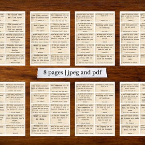 Op de afbeelding: Een verzameling van acht afdrukbare citatenkaarten met citaten van Shakespeare, in een vintage stijl. De kaarten zijn gerangschikt op een houten oppervlak. De tekst "8 pages | jpeg and pdf" is ook zichtbaar.