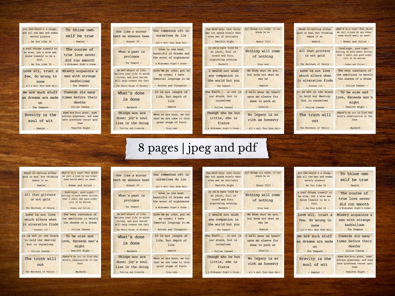 Op de afbeelding: Een verzameling van acht afdrukbare citatenkaarten met citaten van Shakespeare, in een vintage stijl. De kaarten zijn gerangschikt op een houten oppervlak. De tekst "8 pages | jpeg and pdf" is ook zichtbaar.