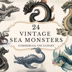 Vintage Sea Monster Clipart | Mythical Ocean Creatures & Nautical Beasts for Collage, Journals, Stickers and Fantasy Illustration