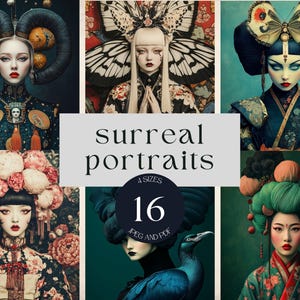 Surreales Portrait Digitale Kunst | Asiatisch inspirierte Collage Sheets, Scrapbook Papier, Japan Junk Journal, ATCs, Journal Karten und Postkarten