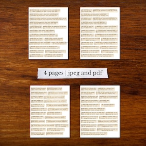 May include: Four rectangular paper sheets with text snippets, arranged in a square on a wooden surface. The text is in a vintage style, with a beige background and dark brown text. A white label with the text "4 pages | jpeg and pdf" is placed in the center.