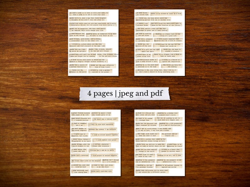 May include: Four rectangular paper sheets with text snippets, arranged in a square on a wooden surface. The text is in a vintage style, with a beige background and dark brown text. A white label with the text "4 pages | jpeg and pdf" is placed in the center.