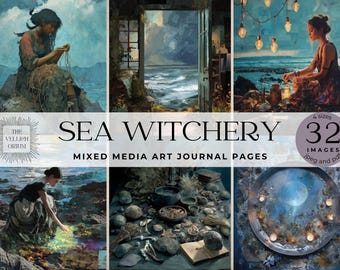 Op de afbeelding: Een digitale kunstcollectie getiteld "Sea Witchery" met mixed media kunst journaalpagina's. De afbeelding toont een collage van artistieke scènes met een mystiek thema, waaronder vrouwen, de zee en diverse objecten. De collectie bevat 32 afbeeldingen in JPEG en PDF.