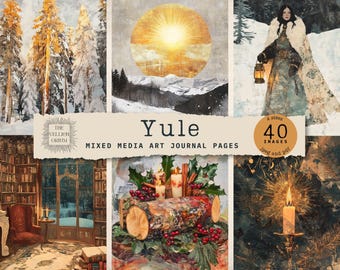 May include: A digital collage of images with a winter theme. The images include a snowy forest, a log cabin, a log with candles and holly, a woman in a white cloak, and a glowing candle. The text "Yule" and "Mixed Media Art Journal Pages" is displayed on the collage.