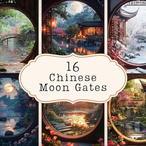 Carte digitali del cancello della luna del giardino cinese, sfondi paesaggistici del giardino zen, scene di finestre stagionali circolari, pagine di diario