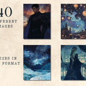 May include: A set of four printable digital images featuring a starry night sky with different scenes. The images include a man in a dark cloak, a cityscape with lanterns, a mountain range, and a woman in a gown.