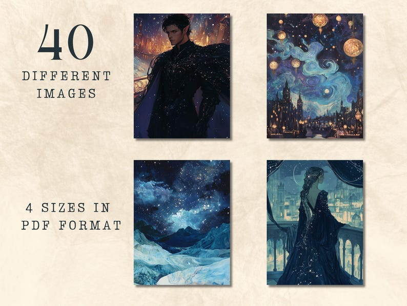 May include: A set of four printable digital images featuring a starry night sky with different scenes. The images include a man in a dark cloak, a cityscape with lanterns, a mountain range, and a woman in a gown.