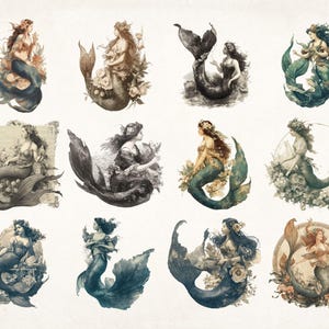 May include: Twelve watercolor illustrations of mermaids with different colored tails and floral backgrounds. The mermaids are all in various poses, some with their tails curled around them, others with their tails flowing behind them.