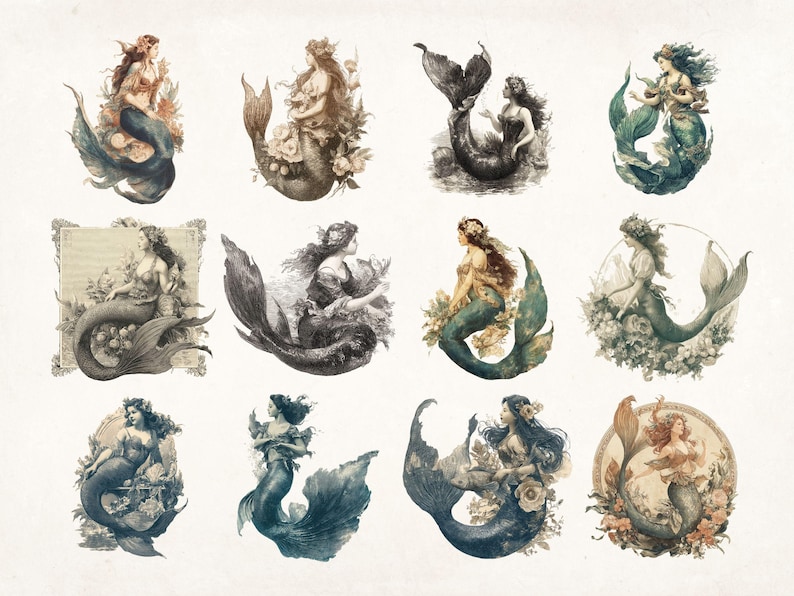 May include: Twelve watercolor illustrations of mermaids with different colored tails and floral backgrounds. The mermaids are all in various poses, some with their tails curled around them, others with their tails flowing behind them.