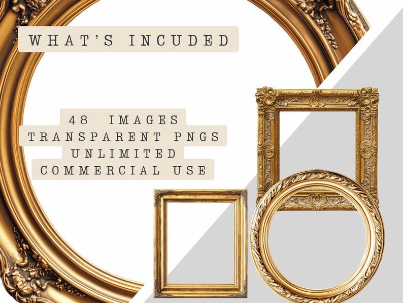 May include: Gold-colored ornate picture frames in various shapes, including oval, square, and rectangular. The image includes text that reads "WHAT'S INCUDED" and "48 IMAGES TRANSPARENT PNGS UNLIMITED COMMERCIAL USE."