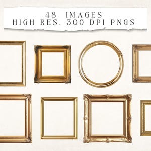 May include: A collection of eight ornate, gold-colored picture frames in various shapes, including rectangular and circular. The frames are empty, with a white background. Text at the top reads "48 IMAGES HIGH RES. 300 DPI PNGS."