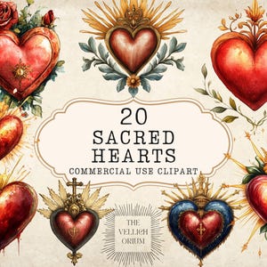 Könnte beinhalten: Ein Set mit 20 digitalen Illustrationen von heiligen Herzen. Die Herzen sind rot und golden mit aufwendigen Details. Die Herzen sind von einer Vielzahl von dekorativen Elementen umgeben, darunter Blumen, Blätter und Lichtstrahlen. Der Text "20 Sacred Hearts Commercial Use Clipart" wird in der Mitte des Bildes angezeigt. Der Text "The Vellich Orium" wird in der unteren rechten Ecke des Bildes angezeigt.