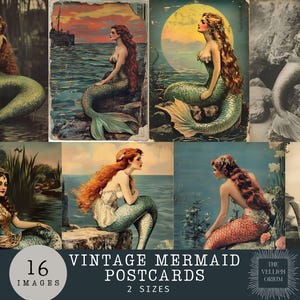 Vintage Meerjungfrau Postkarten | Retro Nautische Drucke | Ozean-Fantasie | Druckbare Ephemera, Junk Journal Karten | Für DIY Handwerk, Scrapbooking