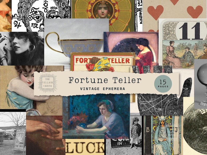 A collection of 15 vintage fortune teller ephemera pages featuring tarot cards, palmistry charts, astrology symbols, and mystical imagery for junk journaling and crafts.