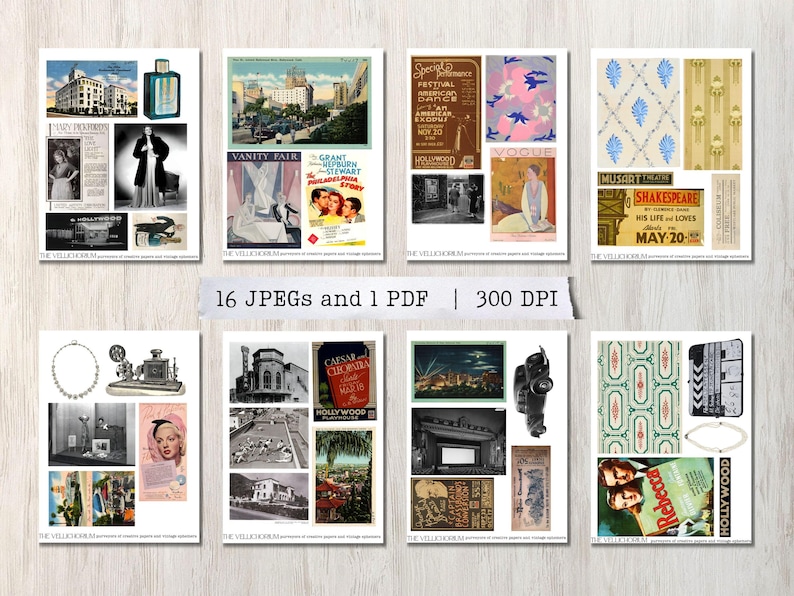 May include: A collage of vintage images featuring a variety of themes, including Hollywood, fashion, and theater. The images are in black and white and color, and they are arranged in a grid pattern. Some of the images include text, such as "Vanity Fair" and "Vogue".