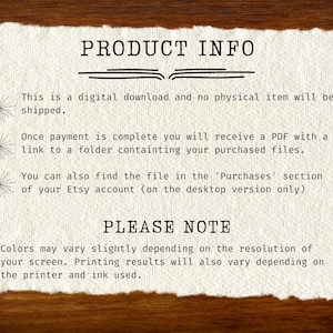 May include: Cream-colored paper with the text "PRODUCT INFO" and additional details about digital downloads. The text is in black, with decorative starbursts. The paper has a torn edge, set against a wooden background.