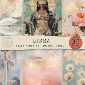 May include: A digital collage of 32 images for mixed media art journaling. The images feature a woman with a blindfold holding scales, a swan, flowers, and clouds. The text "LIBRA" and "MIXED MEDIA ART JOURNAL PAGES" are included in the collage.