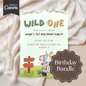 Wild one Geburtstagskind Bundle, Safari Wild One Geburtstags Bundle, Dschungeltier Einladung, Baby Junge Geburtstag, 1.Geburtstagseinladung
