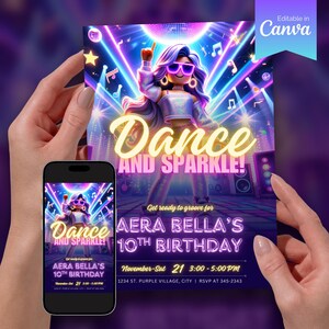 Bearbeitbare Tanzparty-Geburtstagseinladung, Block-Avatar-Einladung für Kinder, Glow-Party einladen, Neon-Geburtstagskarte, Gamer-Girl-Party-Vorlage