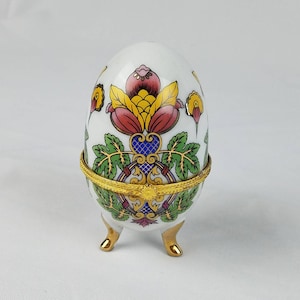 Vintage white porcelain egg trinket box jewelry box hinged floral glazed