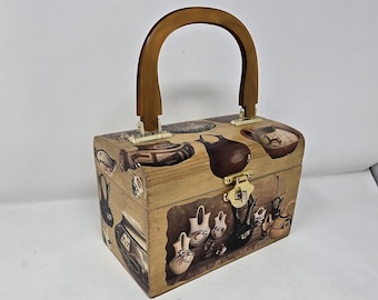 Vtg 1960-70er Jahre Holz Decoupage Collage Geldbörse Metallspange Lucite Griff mit Stofffutter