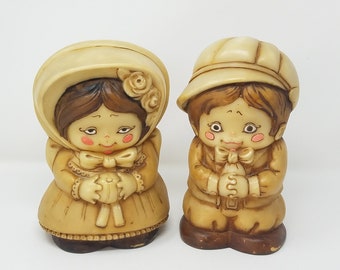 Vtg molded plastic figurine country boy & girl home decor hand painted farmhouse