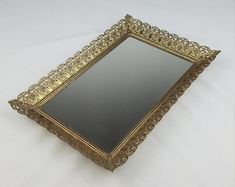 Vintage mirrored perfume vanity tray filigree edged mid century