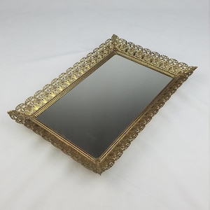 Vintage mirrored perfume vanity tray filigree edged mid century