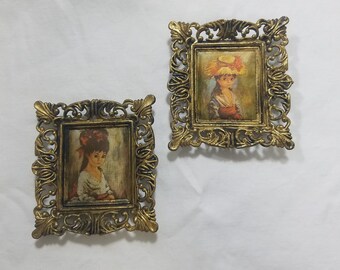 Vintage padded fabric girls picture wall hanging decor renaissance style set of 2