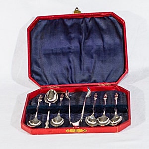 Vintage EP-NS coffee tea set of 6 spoons and 1 sugar tongs bishop priest design