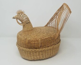 Vtg wicker woven chicken egg basket covered farmhouse