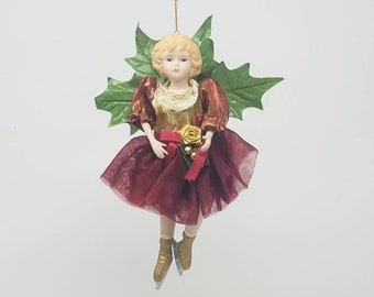 Vtg porcelain ice skating ballerina dancer doll ornament Christmas burgundy tutu