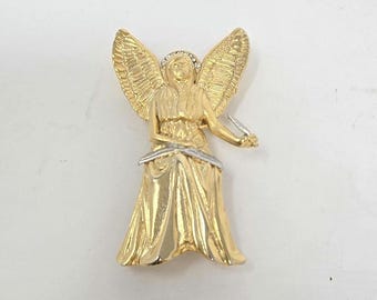 Vintage esther furman angel with pen and book from forget me not line brooch gold tone rhinestone.