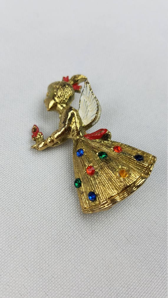 Vintage angel girl pin brooch wings rhinestones c… - image 3