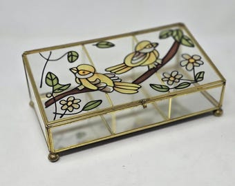 Vtg stained glass jewelry box yellow birds brass mirror trinket box 3 slot