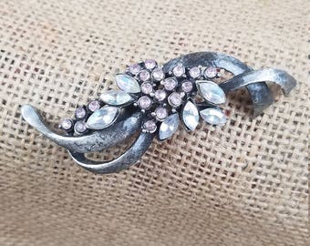 Vintage brooch pin silver tone clear and pink rhinestone