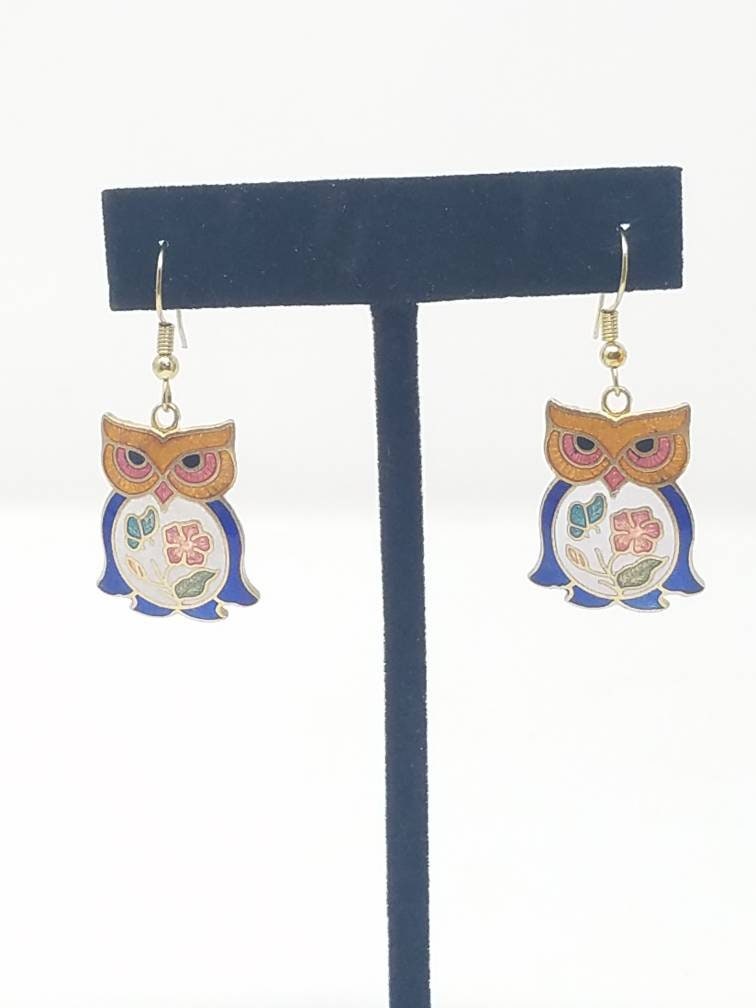 Vintage cloisonne owl pierced earring dangle floral bird