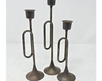Vtg Lot 3 brass graduated bugle horn candlesticks candle holders taper Christmas