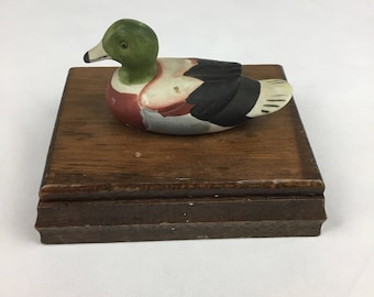 Vintage wood playing card holder box ceramic mallard duck decor