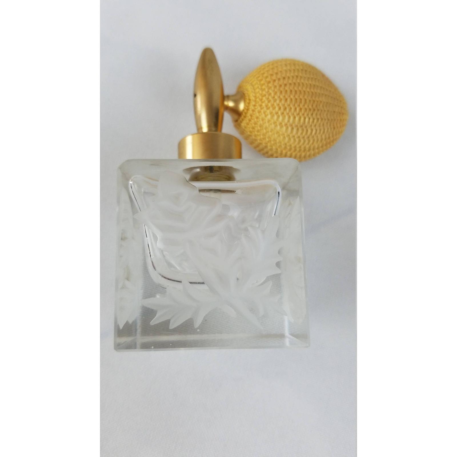 Vtg Acid Etched Gold Tone Powder Puff Glass Perfume Bottle Vanity