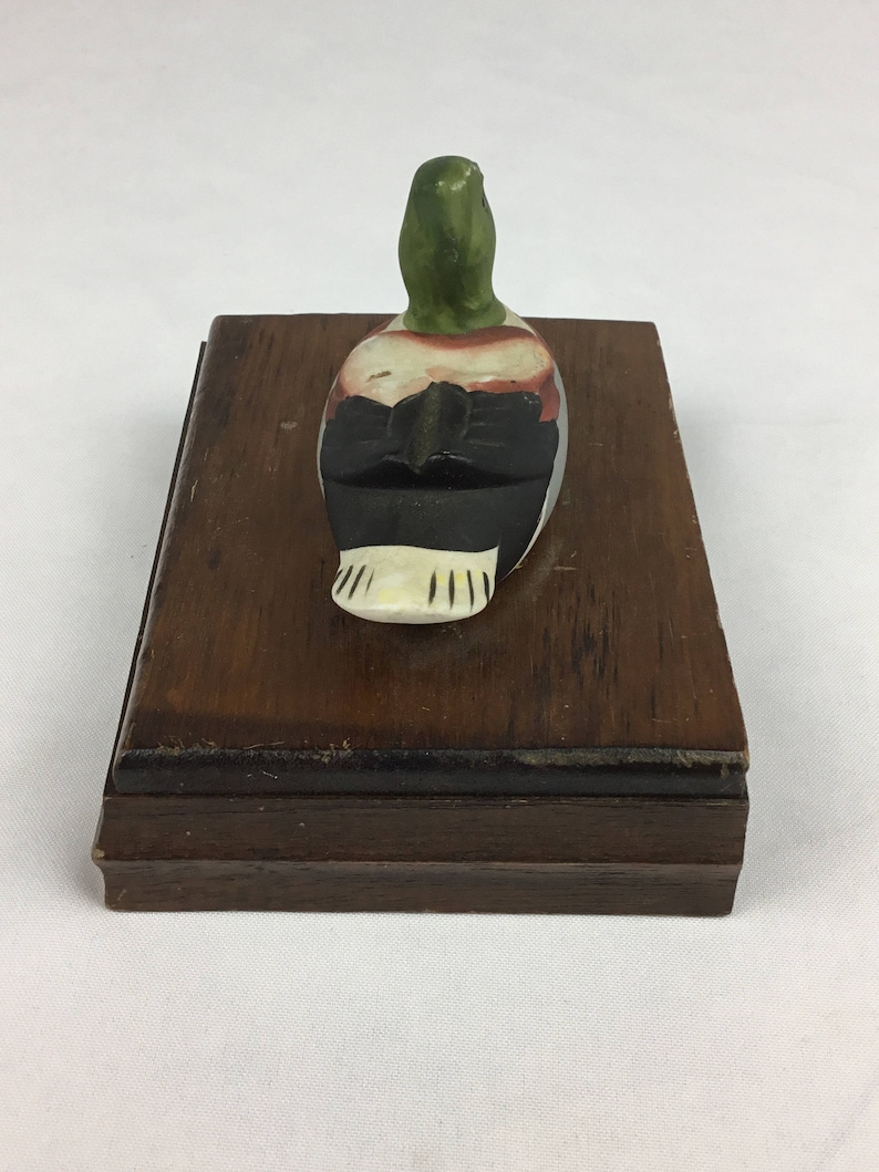 Vintage wood playing card holder box ceramic mallard duck decor