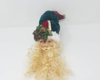 Vtg large Santa Claus plastic head face ornament Christmas green hat wreath