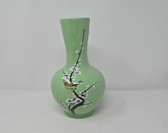 Vaso vintage in ceramica verde dipinto a mano con fiori di ciliegio, decorazione per la casa, uccello, fattoria