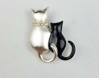 Gattino di epoca smalto due gatti spilla tono argento nero