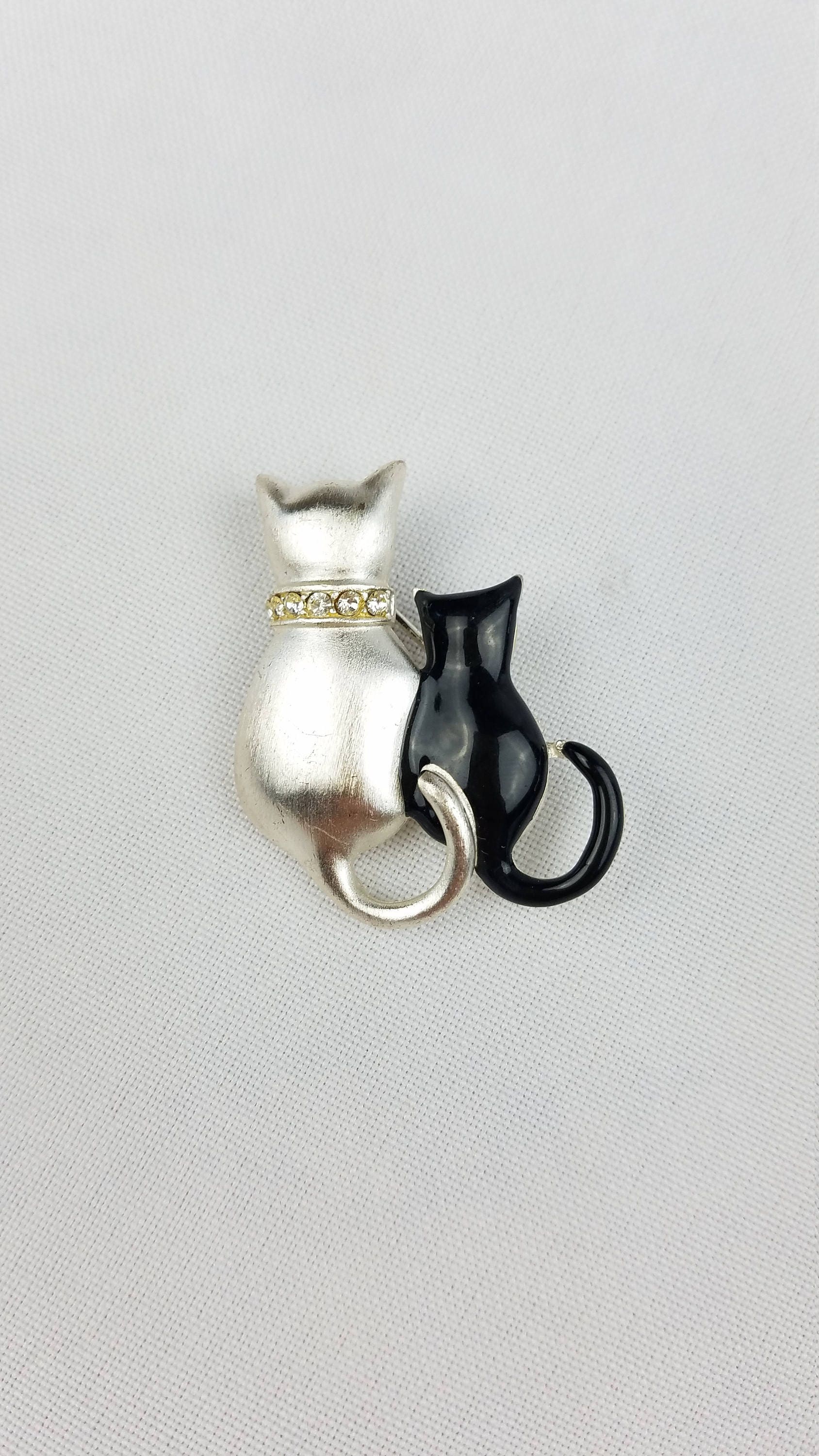 Vintage Cat Pins Two Cats Silver Stretching Cat Sleek black Cat Pair