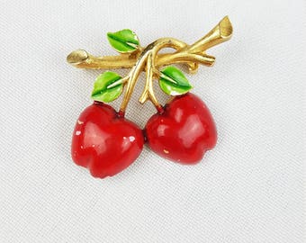 Vintage enamel two apple brooch gold tone branch